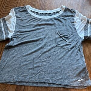 Hollister Gray Tee with White Sleeve Stripes and Pocket